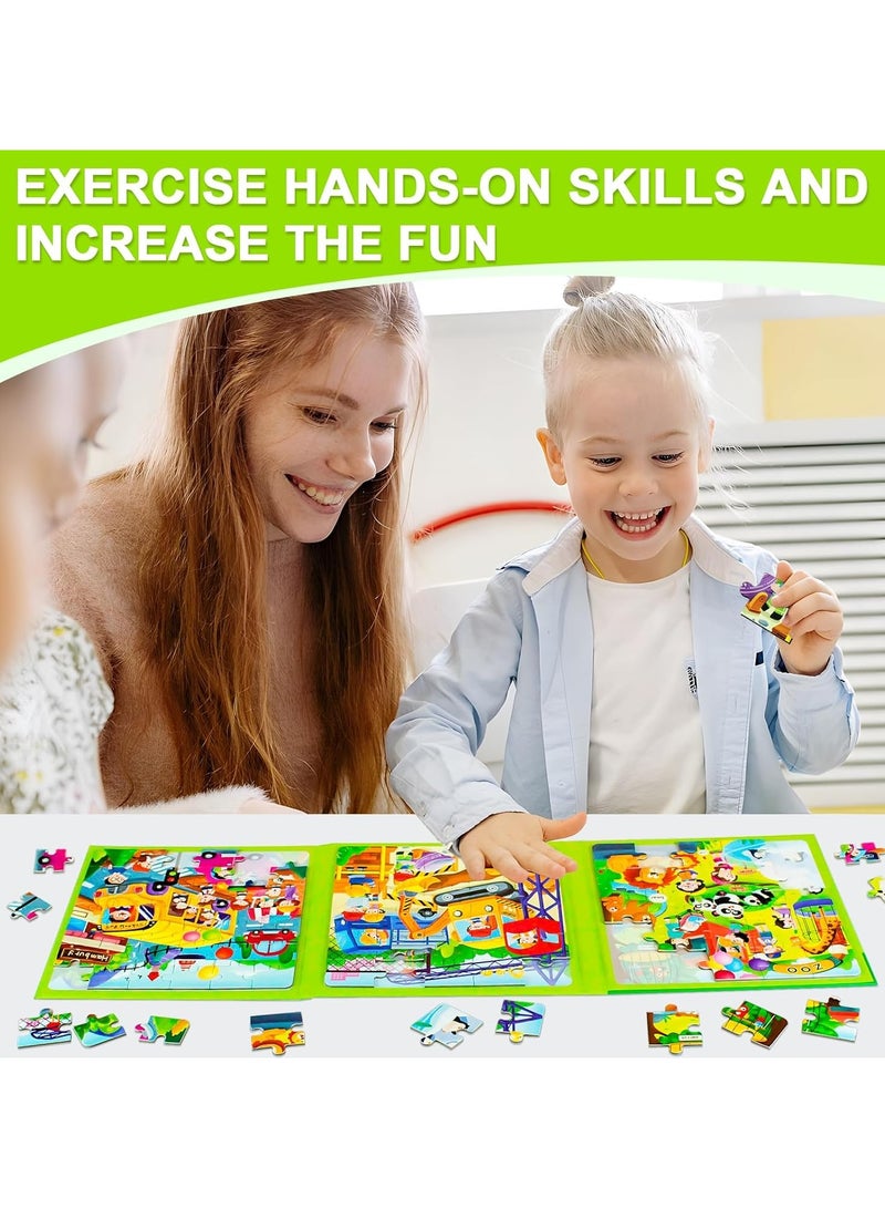 Magnetic Puzzles for Kids Ages 4-8, 3 in 1 Cartoon Jigsaw Puzzle Book, Kids Travel Puzzles Toys, Preschool Learning Toy for Kids 3-8 Year (Green Zoo) - Image 2